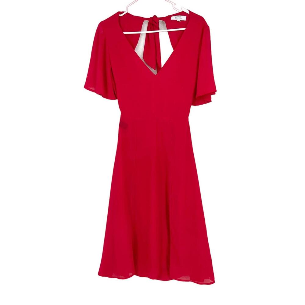 LOUNA Dress Women Size XS Midi Chiffon Red Open‎ Black Deep V Flutter Sleeve